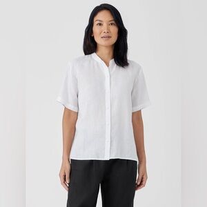 Eileen Fisher Organic Handkerchief Linen Band Collar Short-Sleeve Shirt NWT Sz S